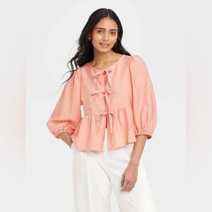 A New Day Sz Large Top Bow Tie Front Balloon Sleeves Ruffle Hem Coral NWT